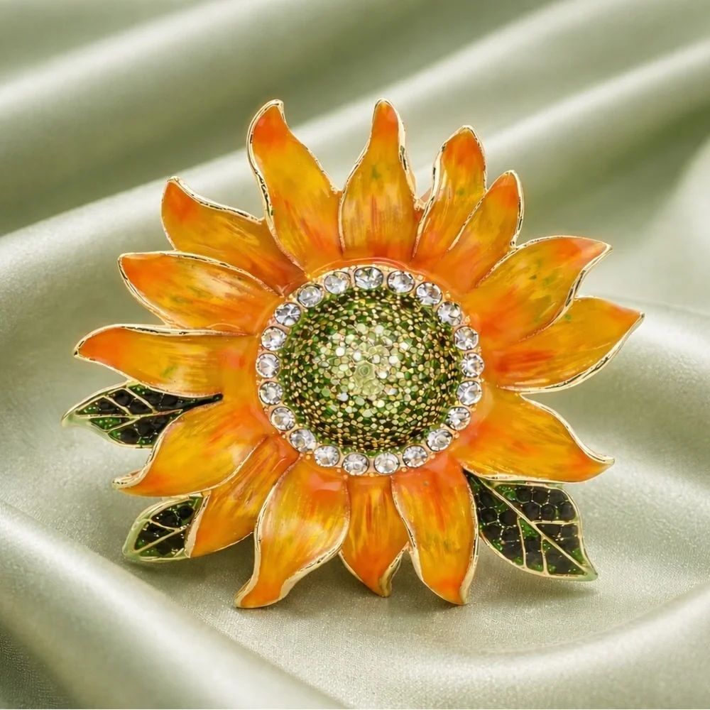 Orange Sunflower Crystal Brooch